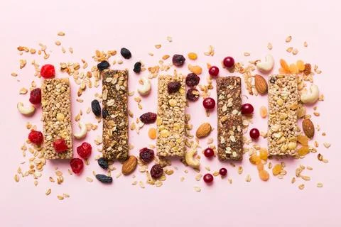 Various granola bars on table background. Cereal granola bars. Superfood br.. Stock Photos