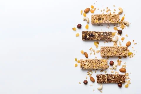 Various granola bars on table background. Cereal granola bars. Superfood br.. Stock Photos