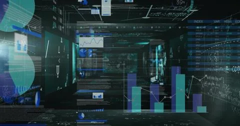 Various graphs and data visualizations floating in digital space Stock Photos