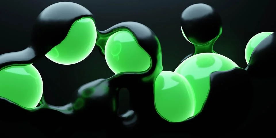 Various green and black objects on a dark background 3d render illustration 스톡 일러스트