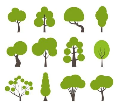 Various green trees in simple graphic style. Tree icons set in a modern flat  Stock Illustration