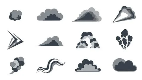 Various grey smoke effects and dust cloud icons set for design elements. Stock Illustration