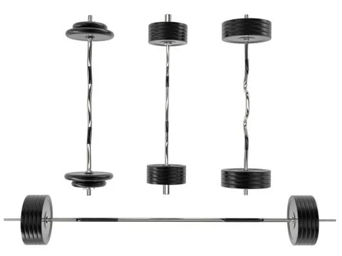 Various gym weights with different bars and weight plates - 3D render Stock Illustration