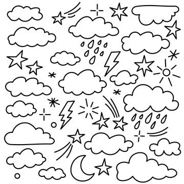 Various hand-drawn clouds, stars, lightning, and rain elements combine to f.. 스톡 일러스트