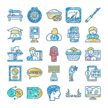 Various hand drawn doodle icons collection creating abstract pattern Stock Illustration
