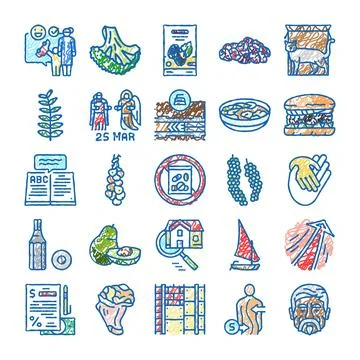 Various hand drawn icons representing business and health concepts Ilustración de archivo