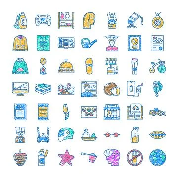 Various hand drawn line art scribbled icons set Stock Illustration