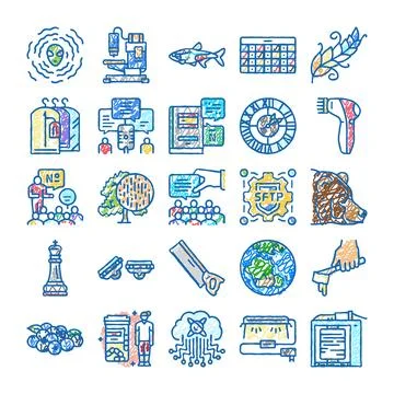 Various hand drawn line art icons collection 스톡 일러스트
