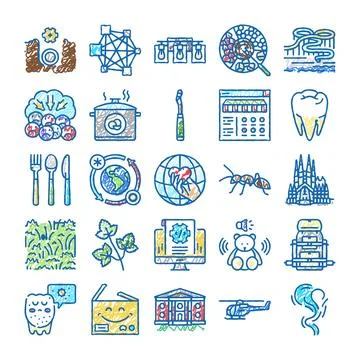 Various hand drawn line icons collection illustrating concepts Ilustración de archivo