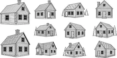 Various hand drawn log cabins rendered as black outline illustrations, creati Stock Illustration