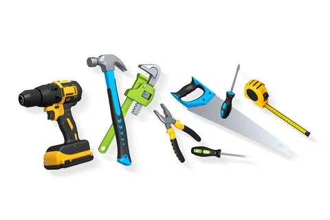 Various hand tools like drill, hammer, saw, and screwdriver isolated on whi.. Stock Illustration