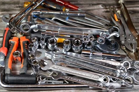 Various hand tools set, various tools like cable cutter, ring spanners, com.. Stock Photos
