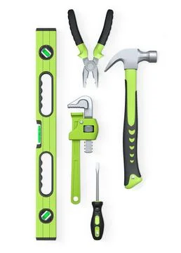 Various hand tools such as saw, screwdriver, hammer, wrench, pliers, and leve Ilustración de archivo