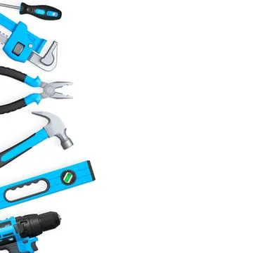 Various hand tools such as saw, screwdriver, hammer, wrench, pliers, and le.. Ilustración de archivo