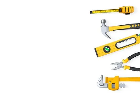 Various hand tools such as saw, screwdriver, hammer, wrench, pliers, and le.. Ilustración de archivo