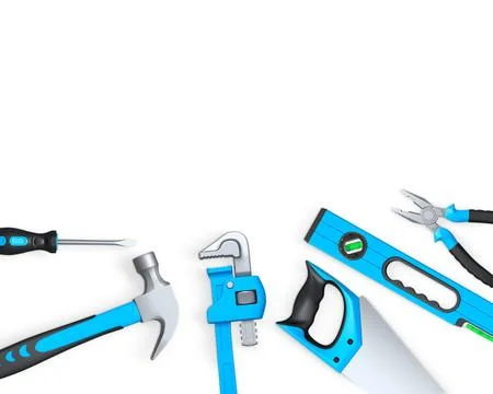 Various hand tools such as saw, screwdriver, hammer, wrench, pliers, and leve Ilustración de archivo