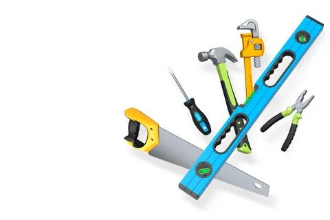 Various hand tools such as saw, screwdriver, hammer, wrench, pliers, and le.. Ilustración de archivo