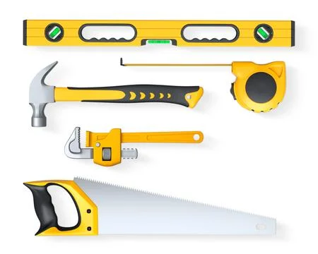 Various hand tools such as saw, screwdriver, hammer, wrench, pliers, and leve Ilustración de archivo