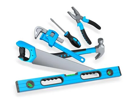 Various hand tools such as saw, screwdriver, hammer, wrench, pliers, and leve Ilustración de archivo