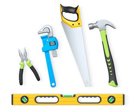 Various hand tools such as saw, screwdriver, hammer, wrench, pliers, and le.. Ilustración de archivo
