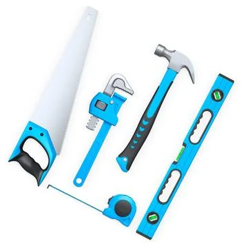 Various hand tools such as saw, screwdriver, hammer, wrench, pliers, and leve Ilustración de archivo