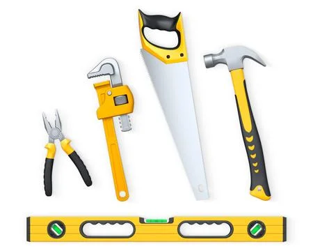 Various hand tools such as saw, screwdriver, hammer, wrench, pliers, and le.. Ilustración de archivo