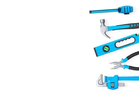 Various hand tools such as saw, screwdriver, hammer, wrench, pliers, and le.. Ilustración de archivo