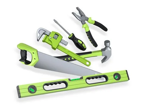 Various hand tools such as saw, screwdriver, hammer, wrench, pliers, and le.. Ilustración de archivo
