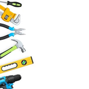 Various hand tools such as saw, screwdriver, hammer, wrench, pliers, and le.. Ilustración de archivo