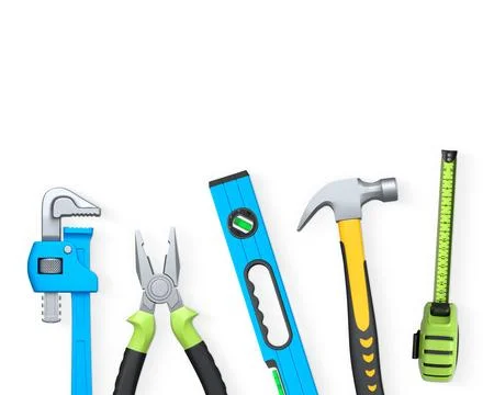 Various hand tools such as saw, screwdriver, hammer, wrench, pliers, and le.. Ilustración de archivo