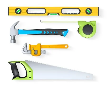 Various hand tools such as saw, screwdriver, hammer, wrench, pliers, and leve Ilustración de archivo