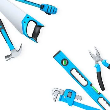Various hand tools such as saw, screwdriver, hammer, wrench, pliers, and le.. Stock Illustration
