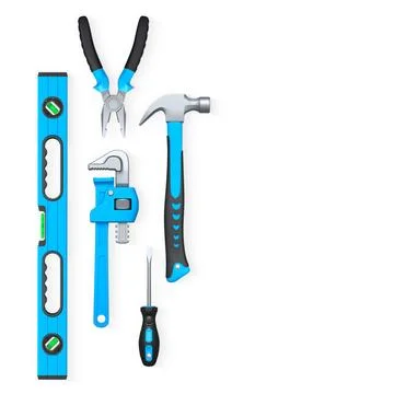 Various hand tools such as saw, screwdriver, hammer, wrench, pliers, and le.. Ilustración de archivo