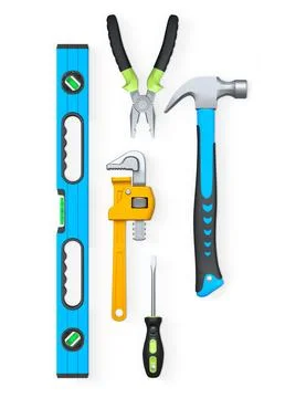 Various hand tools such as saw, screwdriver, hammer, wrench, pliers, and le.. Illustration