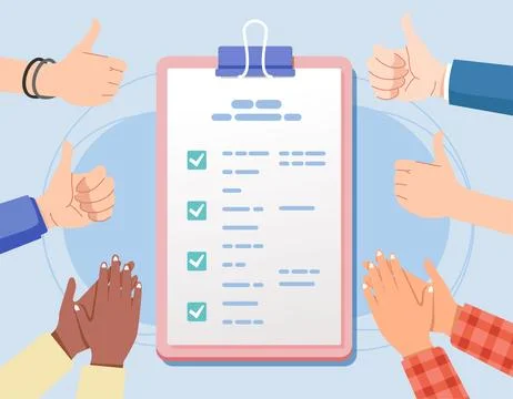 Various hands clap give congratulations thumbs up on clipboard paper Success Ilustração Stock