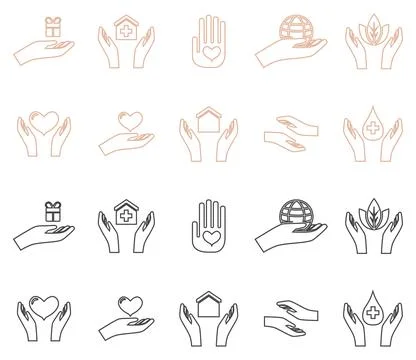 Various hands holding differnt things line icons vector illustration in bla.. Stock Illustration