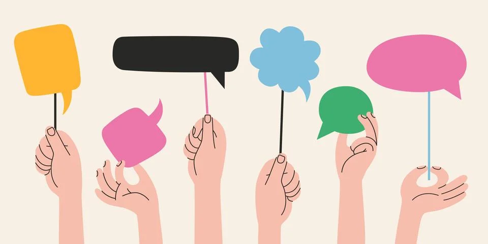Various hands holding speech bubble with Empty space for text, different sh.. Stock Illustration