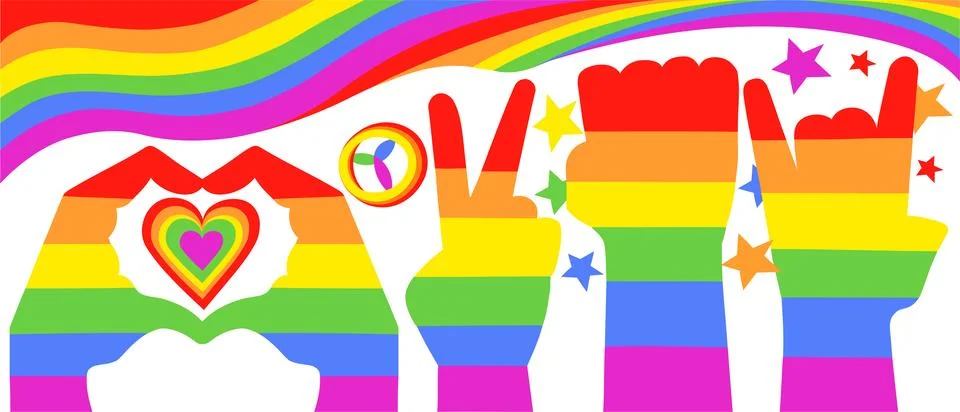 Various hands with rainbow pattern in different poses with LGBT flag Illustrazione stock