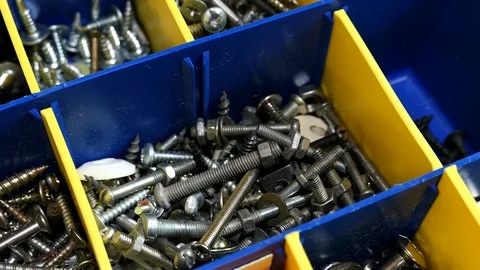 Various Hardware Fasteners, Nuts, Bolts, Screws, Nails In Plastic Organizer Box. 스톡 동영상 115339927