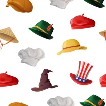 Various hats seamless pattern. Yellow sun protection with red stripes and wide Illustrazione stock