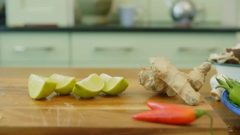 Various Healthy Vegetable On Cutting Board At Table Stock Footage 86073584