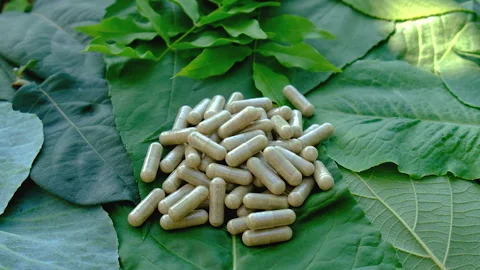 Various herbal supplement capsules. Selective focus. Stock Footage 318744869