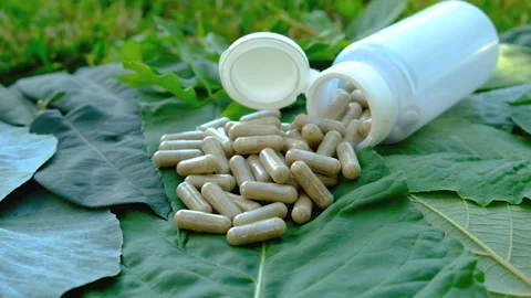 Various herbal supplement capsules. Selective focus. Stock Footage 318745274