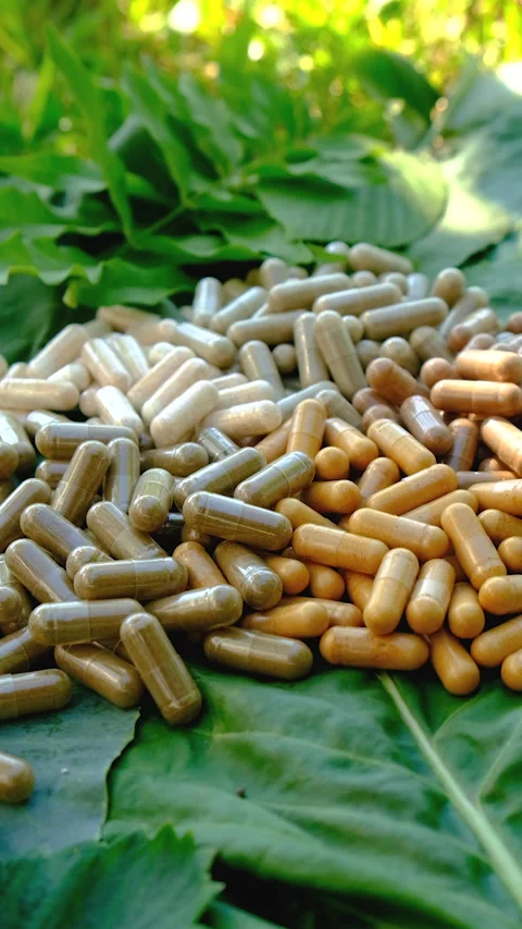 Various herbal supplement capsules. Selective focus. Stock Footage 318745751