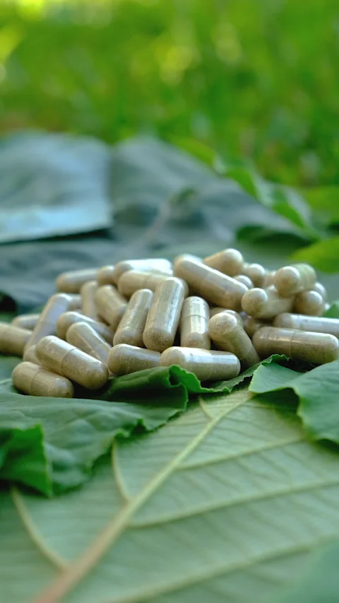 Various herbal supplement capsules. Selective focus. Stock Footage 318745798