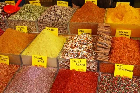 Various herbs and spices section at the market Stock Photos