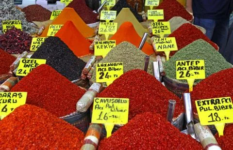 Various herbs and spices section at the market Stock Photos
