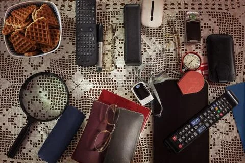 Various Home Objects on Table Foto stock