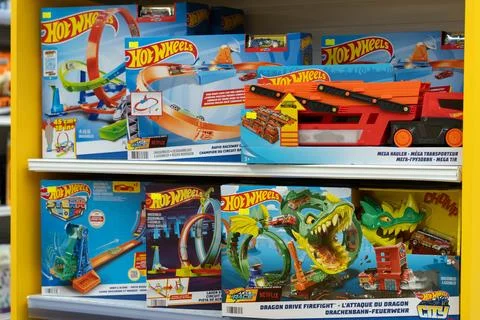 Various Hot Wheels sets are on display at store. Minsk, Belarus - March 28, 2025 Stock Photos
