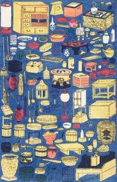 Various household items. After a work by Japanese artist Utagawa Yoshikazu a 스톡 사진